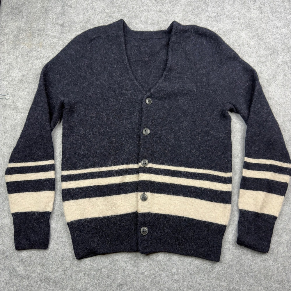 Vintage Wool Blend Cardigan Sweater Small Navy Blue Cream Knit Mens